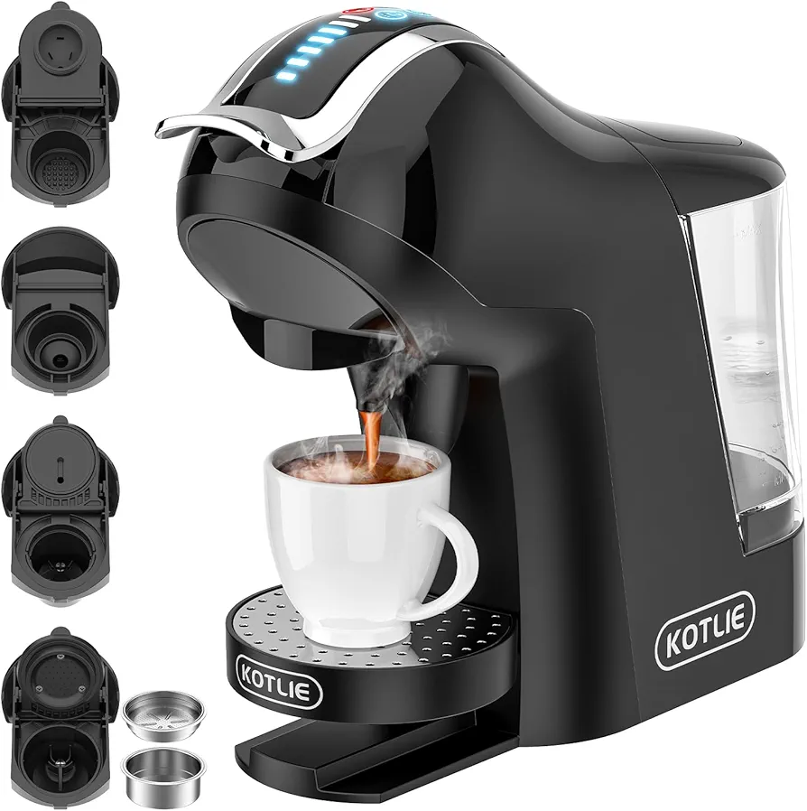 KOTLIE 5in1 19Bar Multicapsule Espresso Coffee Machine, Cold&Hot Brewing Single-Serve Coffee Maker, Cappuccino&Latte Maker for Kcup/Dolce Gusto/Nespresso Original/GroundCoffee/44mm ESE EM-308A (Black)