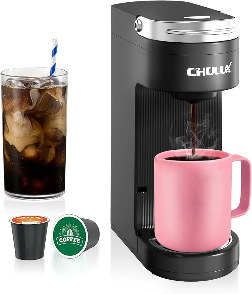 CHULUX Slim Single Serve Coffee Maker for K Cup Pods, One Cup Coffee Maker Fits 7.3" Travel Mugs, Coffee Machine with 6 to 12oz Brew Sizes