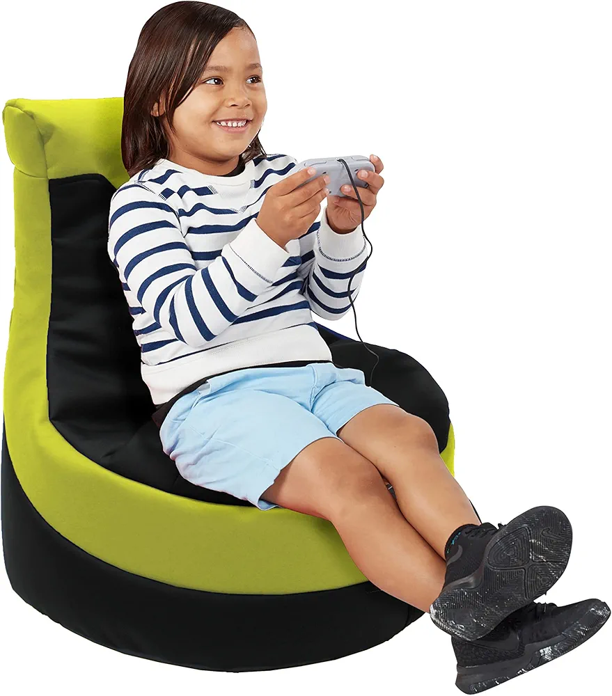 Factory Direct Partners SoftScape Little Gamer Bean Bag Chair for Kids, Comfy Bean-Filled Flexible Floor Seat for Reading, Gaming, Sitting in Playroom, Rec Room or Classroom - Black/Lime, 14453-BKLM