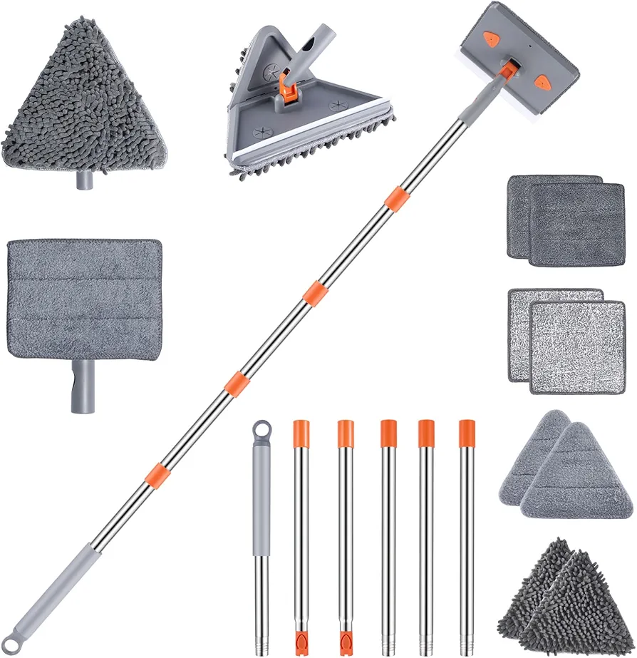 Adjustable Baseboard Cleaner Tool with 81.5'' Handle, 360° Rotatable Wall Cleaner Mop, 180° Flipping Ceiling Cleaning Mop Tool with 2 Mops, 8 Reusable Pads for Walls, Baseboard, Window, Floor