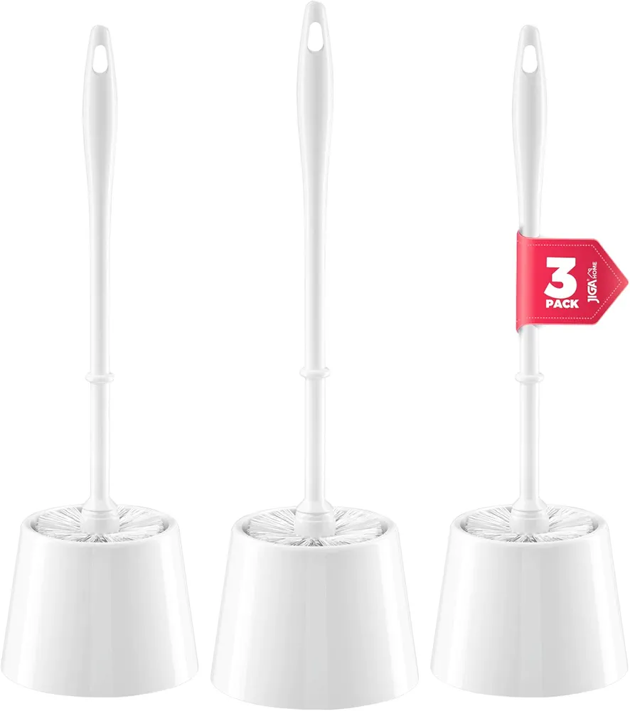 JIGA 3 Pack Toilet Brush and Holder Set, Toilet Bowl Brush with Caddy Bathroom Stiff Bristles Toilet Scrub Brush, White