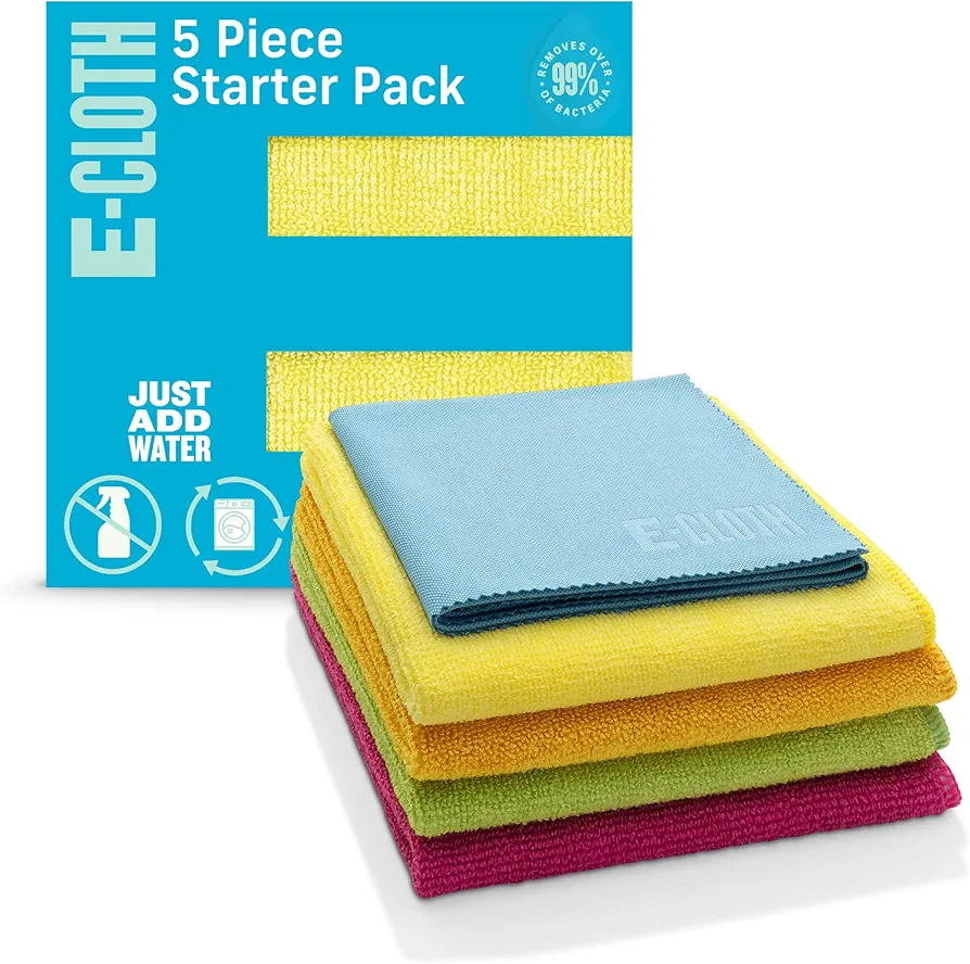 E-Cloth 5-pc Starter Pack, Microfiber Cleaning Cloth Set, Includes Household Cleaning Tools for Bathroom, Kitchen, and Cars, Washable and Reusable, 100 Wash Promise, Assorted Colors