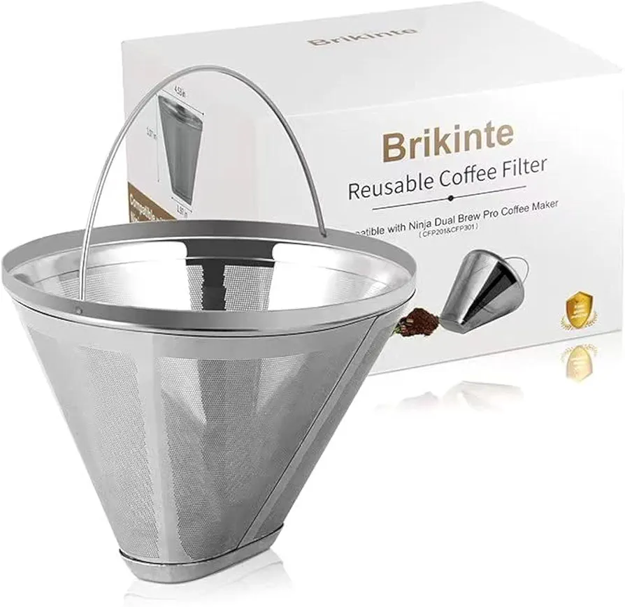 Reusable Coffee Filter No.4 Cone Coffee Maker Filters, 304 Stainless Steel Replacement Permanent Basket Filter for Ninja Coffee Bar Brewer Ninja CFP301 DualBrew Ninja Coffee Makers