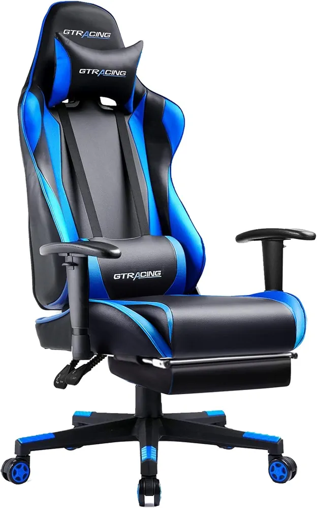 GTRACING Gaming Chair with Footrest, Ergonomic Computer Game Desk, Reclining Gamer Chair Seat Height Adjustment, Swivel Rocker with Headrest and Lumbar (Blue)