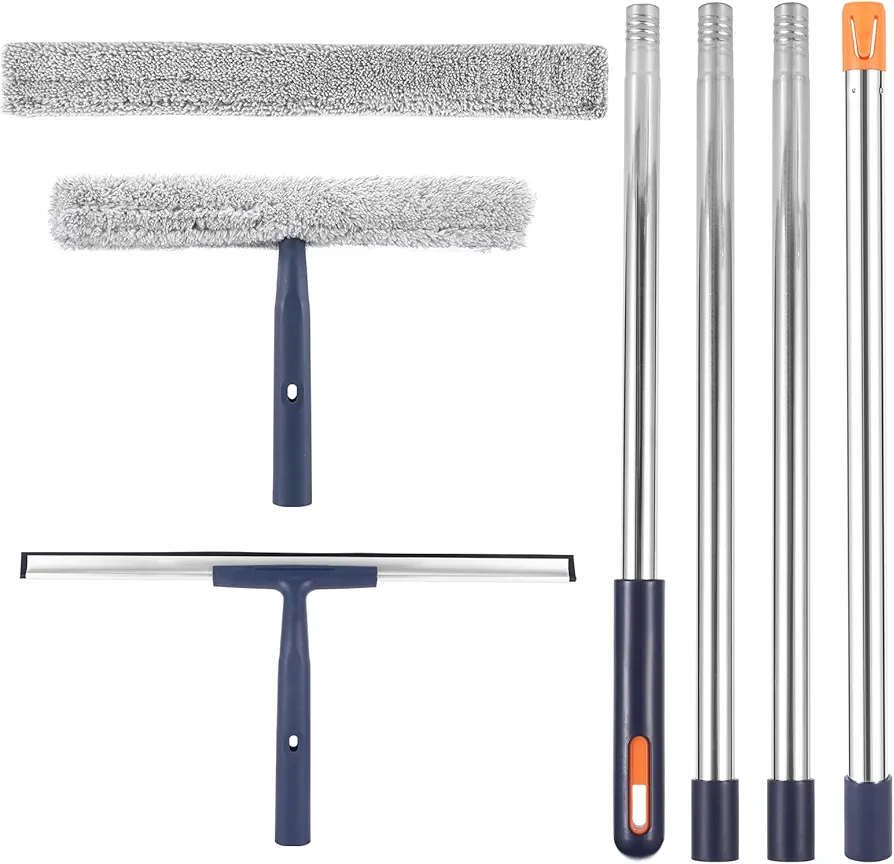 Squeegee for Window/Floor Cleaning Combination,12" Squeegee and 16" Squeegee Microfiber Scrubber with Stainless Steel Pole,Extendable Window Cleaner for Car,Sliding Door,Shower Glass