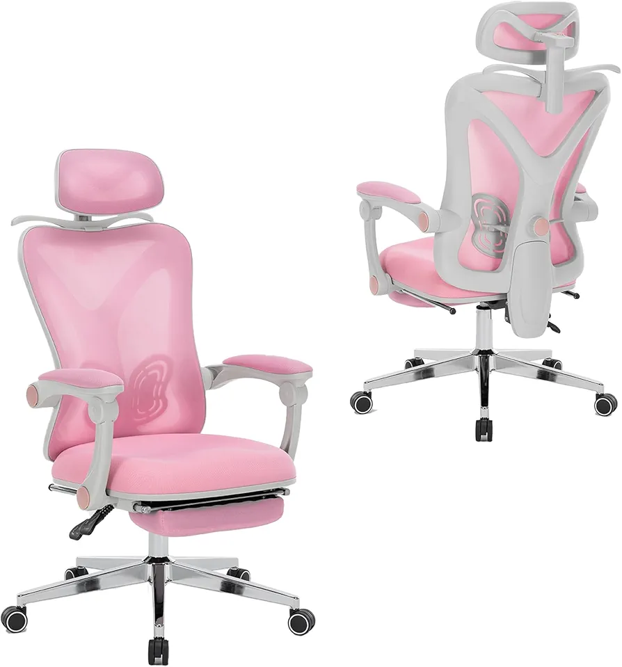 Ergonomic Office Chair with Footrest, Mesh Office Desk Chair with Adjustable Lumbar Support and Headrest, Comfortable Gaming Computer Work Chair for Study Work (Pink)