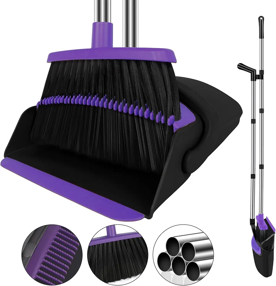Broom with Dustpan Combo Set, 51" Household Dustpans and Broom, Standing Dustpan with Broom for Home, Purple Broom Dustpan Set for Kitchen Lobby Indoor Outdoor