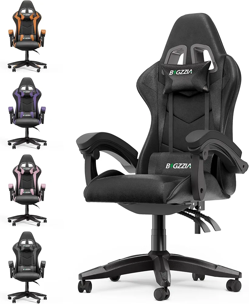 Bigzzia Gaming Chair Ergonomic Computer Chair Reclining PU Leather High Back Video Game Chair with Headrest Adjustable Lumbar Support Linkage Armrest