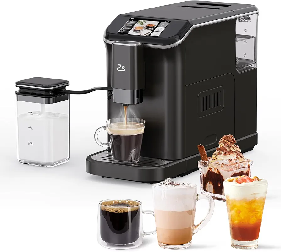 Fully Automatic Espresso Machine with Automatic Milk Frother, 20 Bar Built-In & Adjustable Espresso Bean Grinder, 1-15 Adjustable Grind Size Levels, Touch Screen Coffee Machine for Coffee Lover