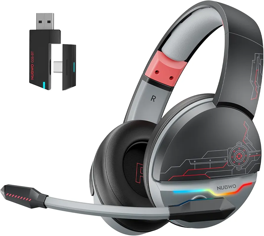 NUBWO G08 Dual Wireless Gaming Headset with Mic for PS5, PS4, PC, Mobile & Tablet | 2.4GHz Wireless & Bluetooth 5.3 | 100 Hr Battery | 50mm Drivers | Lightweight & RGB Lighting - DarkRed