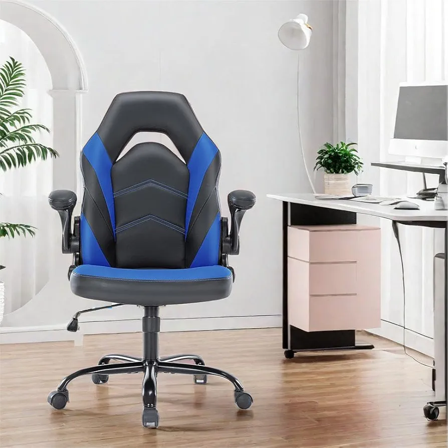 Ergonomic Computer Gaming Chair, Leather Comfy Home Office Desk Chair with Flip-Up Armrest, Rolling Swivel Executive Chair with Adjustable Lumbar Support for Adults, Blue