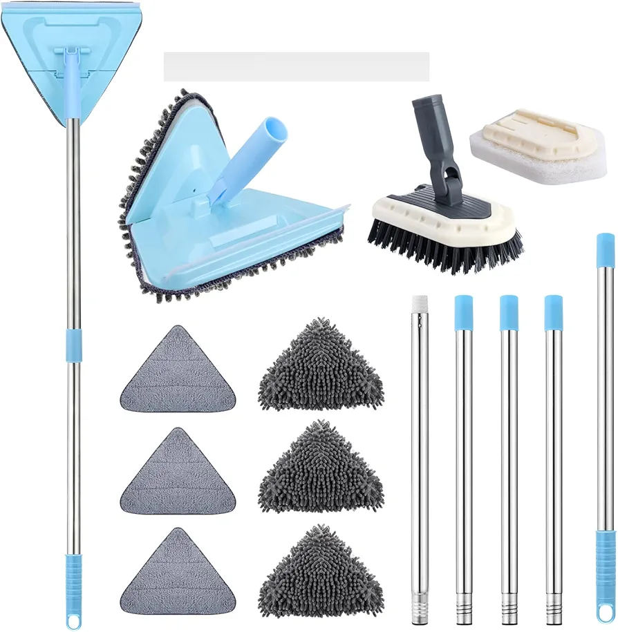 Wall Cleaner Mop with Long Handle 85 Inches Baseboard Cleaner Tool Duster with 6 Replacement Pad and 2 Tile Tub Brush, Wall Mop for Cleaning Ceiling Window Tile Tub, Blue