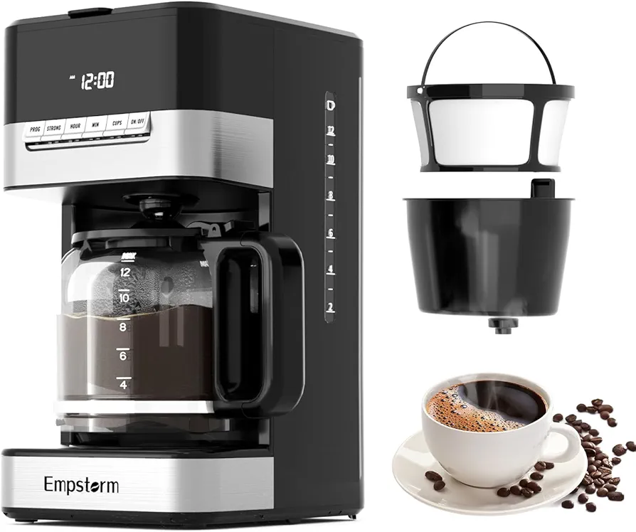 Programmable Drip Coffee Maker 4-12 Cup, 1000W Fast Brew Coffee Machine with Glass Carafe, 4-Hour Auto Shut Off & Keep Warm, Anti-Drip System, Strong Brew, Coffee Pot For Home Use