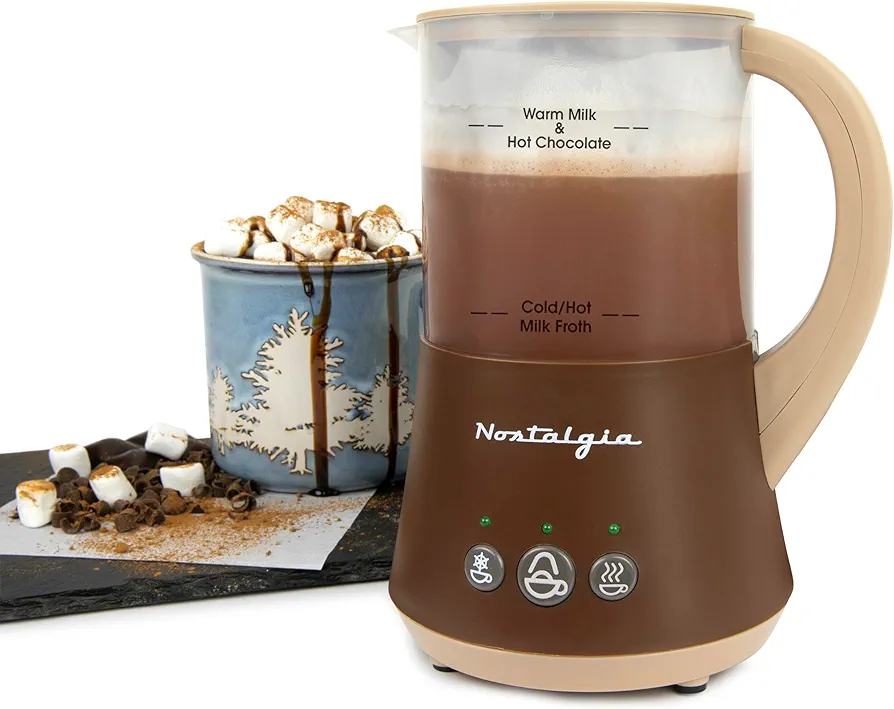 Nostalgia 32 Oz Frother and Hot Chocolate Maker, Warm or Cold Milk Foam, Includes Cocoa Bomb Mold, for Coffees, Lattes, Cappuccinos, Brown