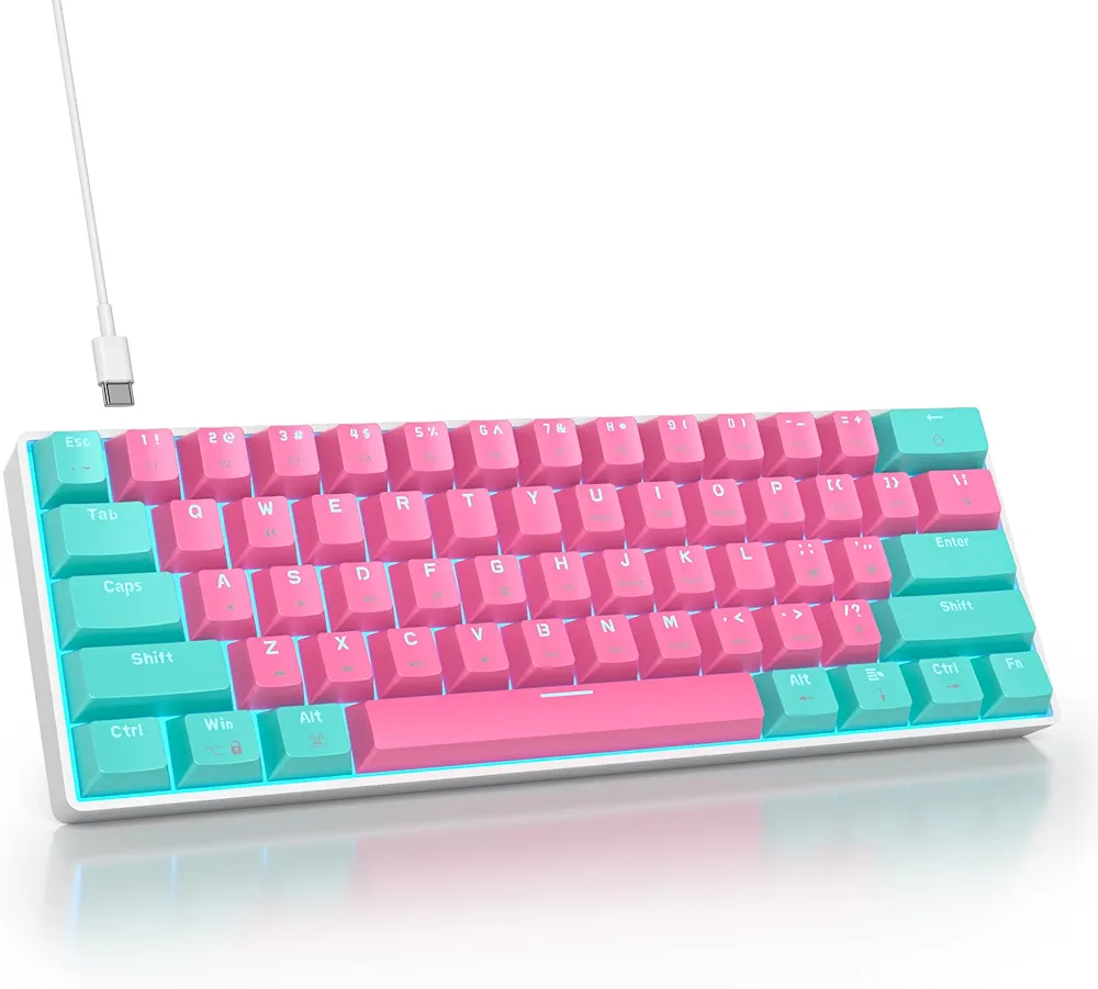 60 Percent Gaming Keyboard Mechanical with Linear Red Switch, 60% Wired Ultra-Compact Mini Keyboard LED with PBT Keycaps for Ps4/Ps5/Xbox（61 Miami）