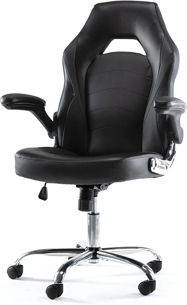 MCQ Ergonomic Office Chair with Padded Flip-up Armrests and Lumbar Support PU Leather, Height Adjustable, Swivel Rolling, Rocking Function, for Computer Desk, Working, Studying, Gaming, Black