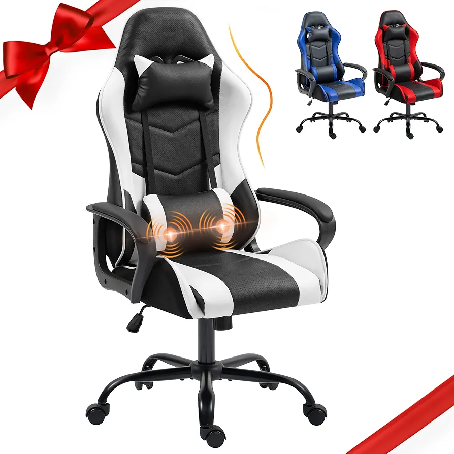 ECOTOUGE Gaming Chair, Ergonomic Computer Gamer Chair with Massage Lumbar Support & Rocking High Back, 360° Swivel Video Game Chair for Gaming or Office, Height Adjustable (White)
