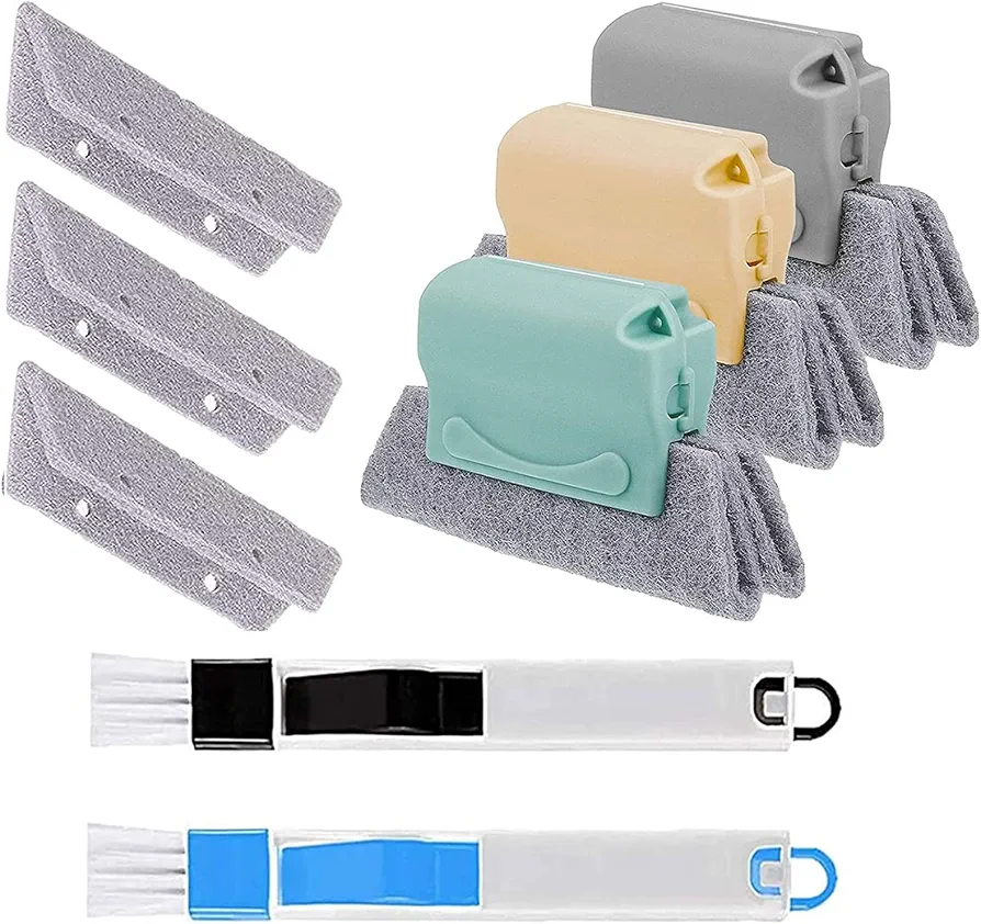 Window Groove Cleaning Brush, Magic Window Track Cleaner Tool Set, 3 Groove Gap Cleaning Brush + 2 Window Slot Clean Brush with Dustpan + 3 Replacement Cloth