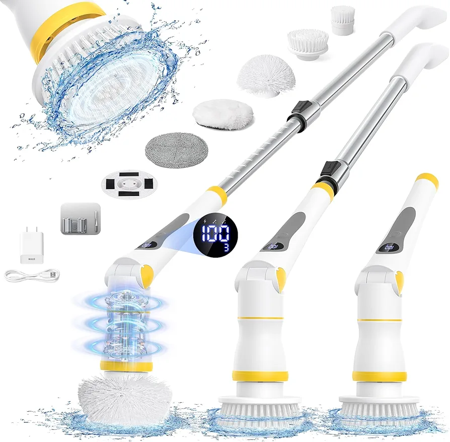 Electric Spin Scrubber, Cordless Cleaning Brush Shower Scrubber Up to 440 RPM with 4 Replaceable Brush Heads, Bathroom Scrubber Adjustable Angles and Handles for Bathroom Tub Grout Tile Floor