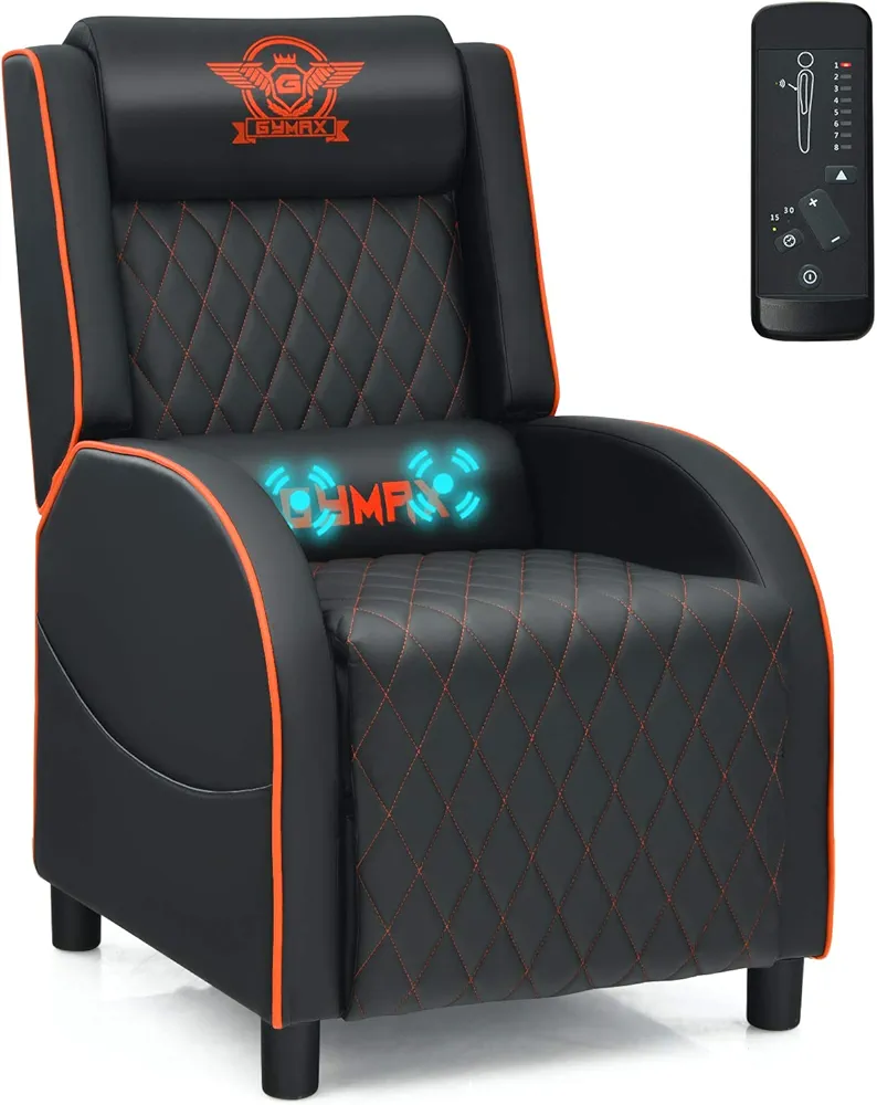 GYMAX Massage Gaming Recliner Chair, Ergonomic Racing Style Single Sofa with Adjustable Headrest, Backrest & Footrest, Home Theater Sofa for Living Room Office (Orange)