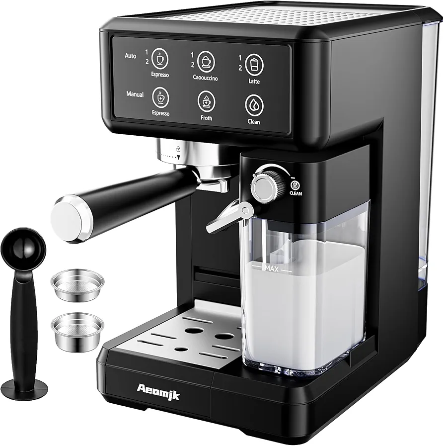 Aemojk Expresso and Cappuccino Coffee Machine, One-Touch Operation, Suitable Office Coffee Maker, with Automatic Milk Frother, 20 Bar, 1350W