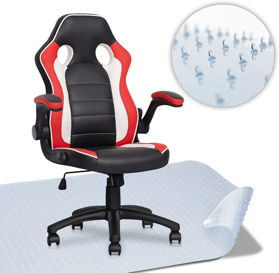 MoNiBloom Video Game Chair + Chair MAT for Carpet, Computer Desk Swivel Task Chair in Red with Adjustable Seat Height and 29" x 47" Transparent Desk Chair Mat for Floor Protection
