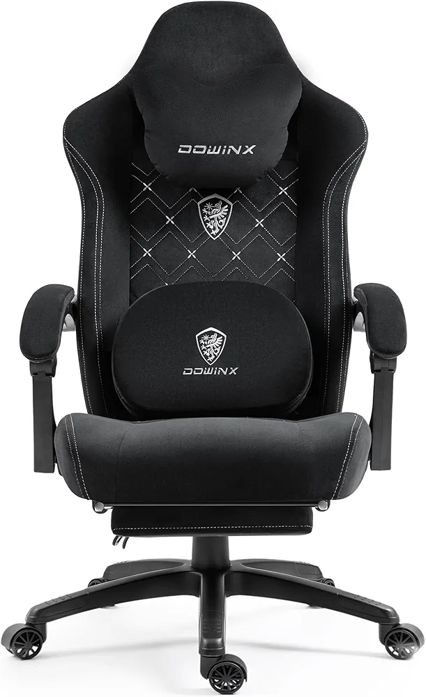 Dowinx Fabric Gaming Chair with Heated Massage Lumbar Support, Breathable Fabric Big and Tall Gamer Chair with Pocket Spring Cushion and Footrest, Recliner High Back PC Chair for Adult, Black