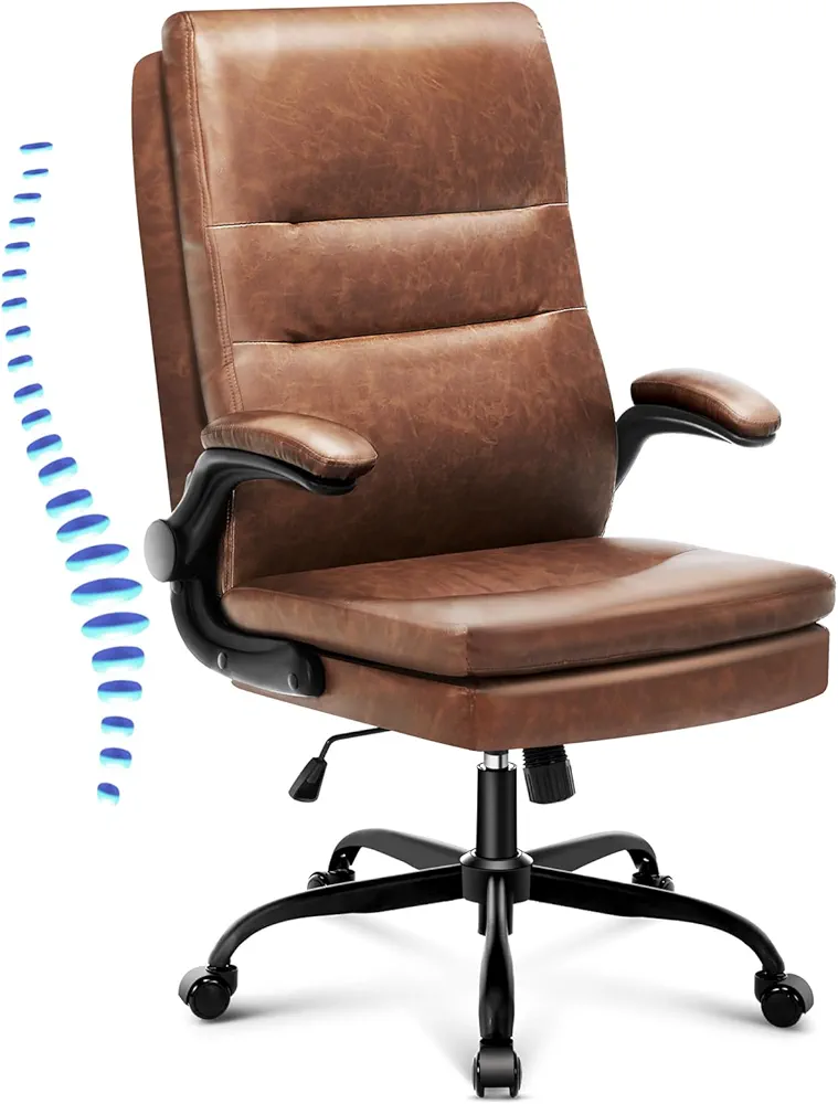 Office Chair Big and Tall,Executive Vintage Leather Ergonomic Desk Chair,High Back Adjustable Computer Chair with Springs Cushion,Flip-up Arms,Lumbar Support,Rocking Function(Marbling Brown)