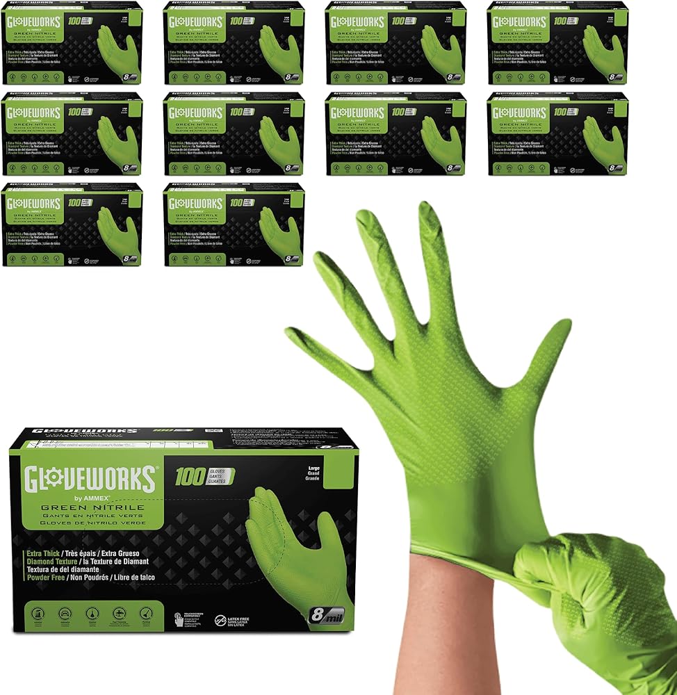 GLOVEWORKS HD Green Nitrile Gloves, 8 mil Nitrile Gloves Medium-XXL Sizes, Nitrile Disposable Gloves with Raised Diamond Grip