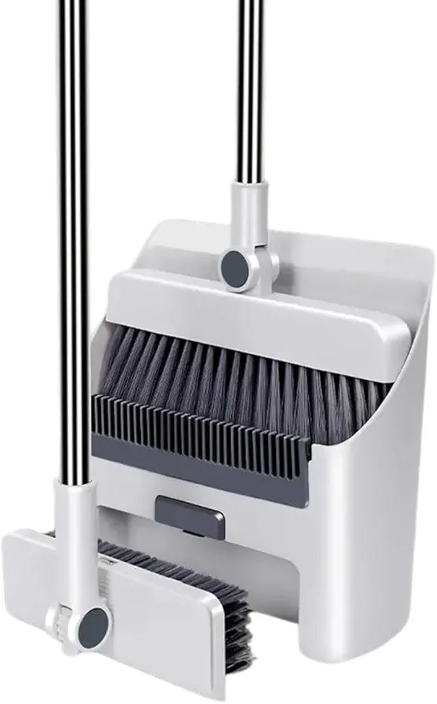Broom with Dustpan Combo Set, 3 in 1 Brooms for Sweeping Indoor and Push Broom Outdoor with Dust Pan, 14.2 to 48.8 inch Adjustable Long Handle Broom and Dustpan Set (White)
