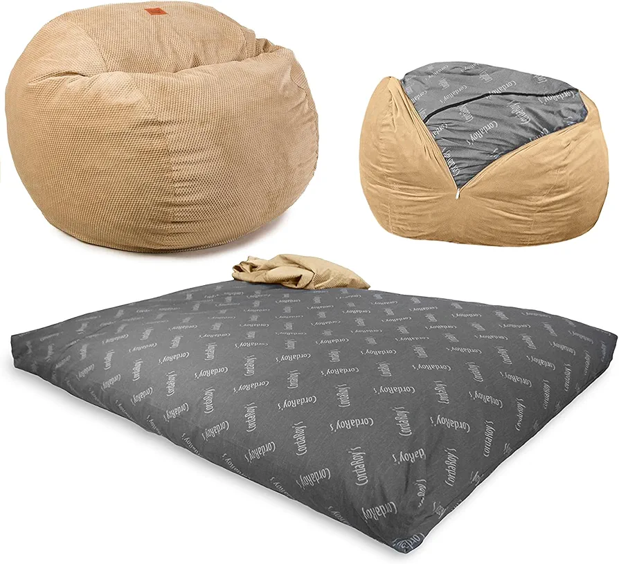 CordaRoy's Chenille Bean Bag Chair, Convertible Chair Folds from Bean Bag to Lounger, As Seen on Shark Tank, Tan - Queen Size