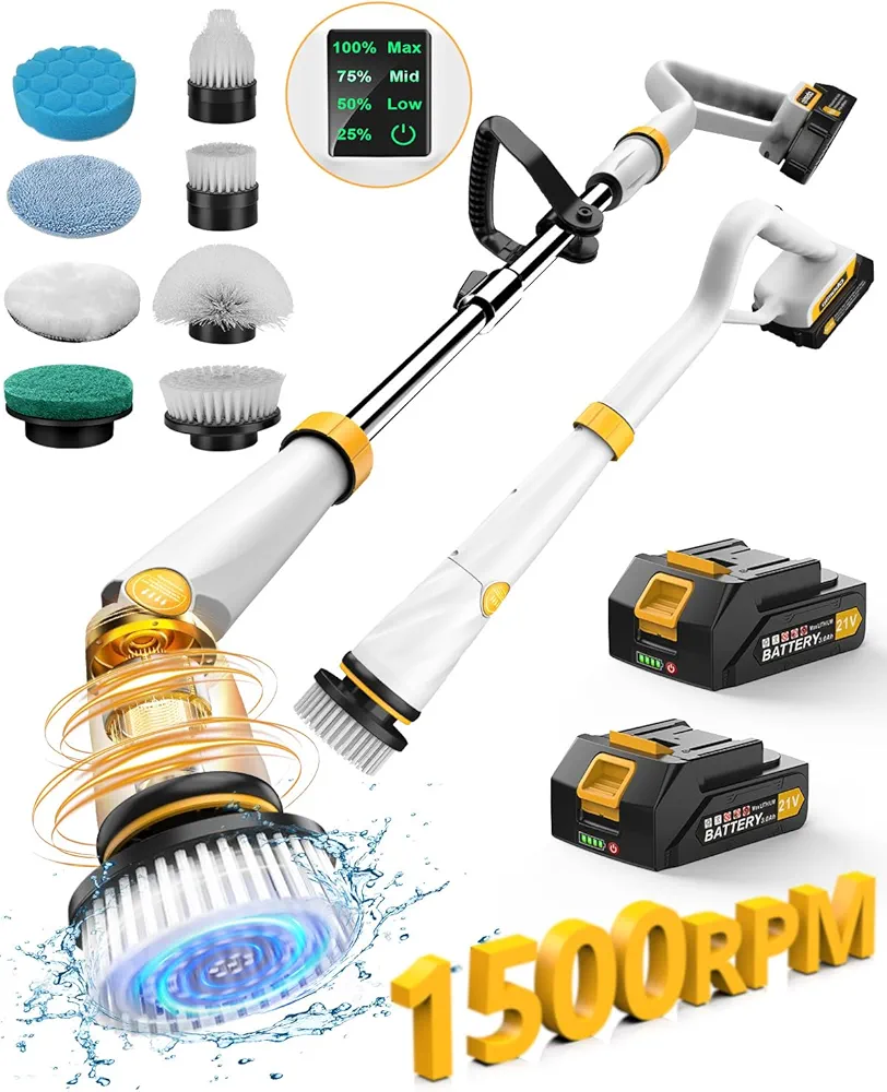 Qimedo Electric Spin Scrubber with Two Batteries Q2 Pro,1500 RPM High Power Electric Scrubber for Cleaning,Shower Cordless Cleaning Brush with Display for Tub/Tile/Floor (Effortless Handle/8 Brushes)
