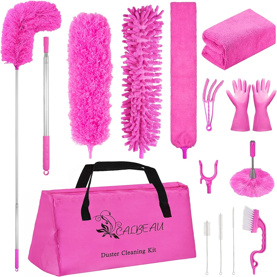 15PCS Microfiber Feather Duster Set Bendable & Washable with 100-inch Extension Pole Dusters for Cleaning High Ceiling Fan, Blinds, Cars, Furniture, Cleaning Tools Kit for Women