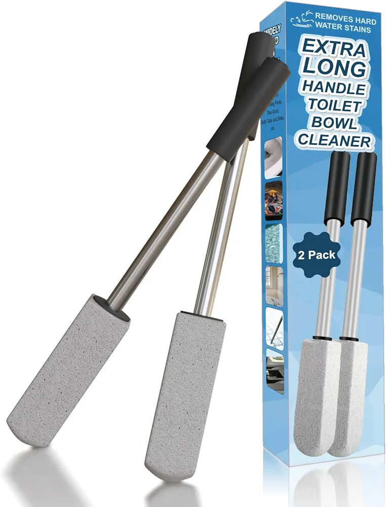 2 Pack Pumice Stone for Toilet Cleaning,16.14In Extra Long Handle Toilet Pumice Stone Powerful Removes Hard Water Rings,Calcium Buildup and Rust for Toilets bathtubs Grills Pools Sinks