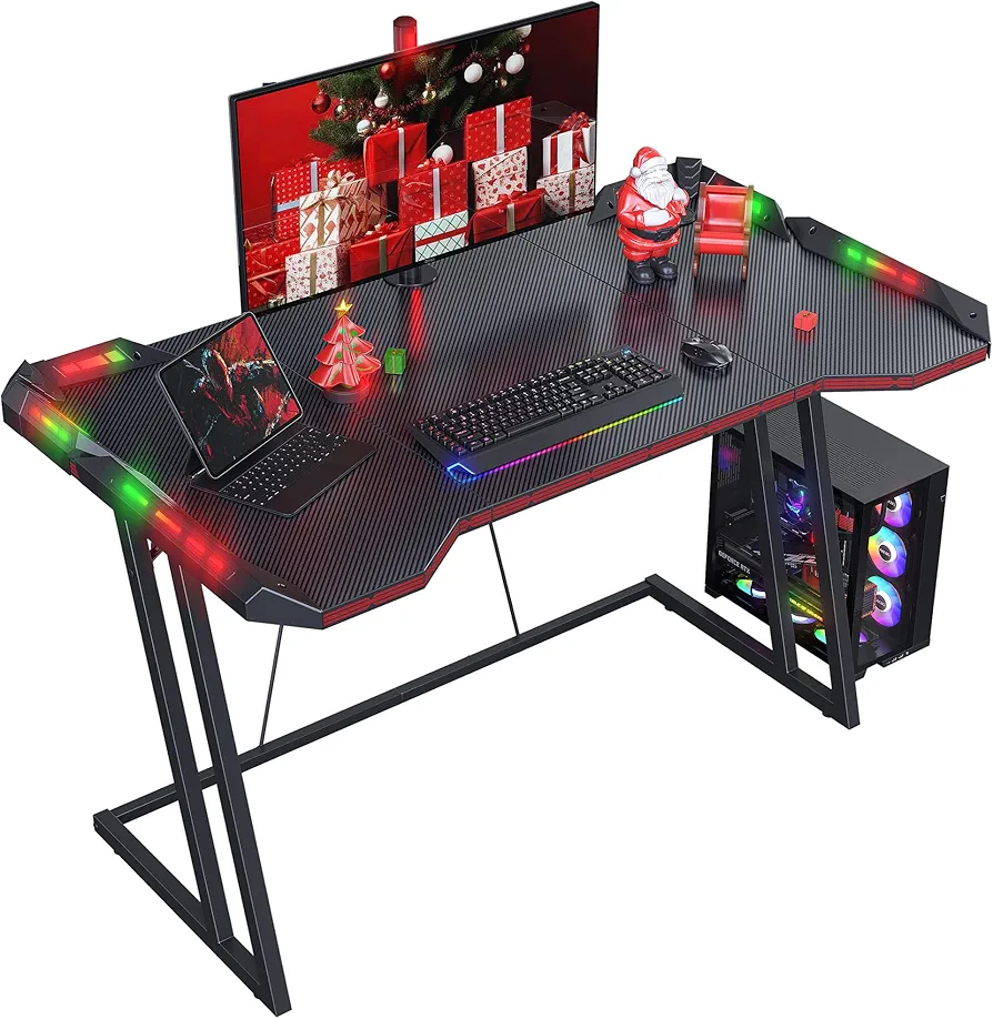 CubiCubi Gaming Desk with LED Lights, 47 Inch Z Shaped Gamer Desk, Home Game Computer Desk with Carbon Fiber Surface, Ergonomic Office PC Workstation with Cable Management, Black