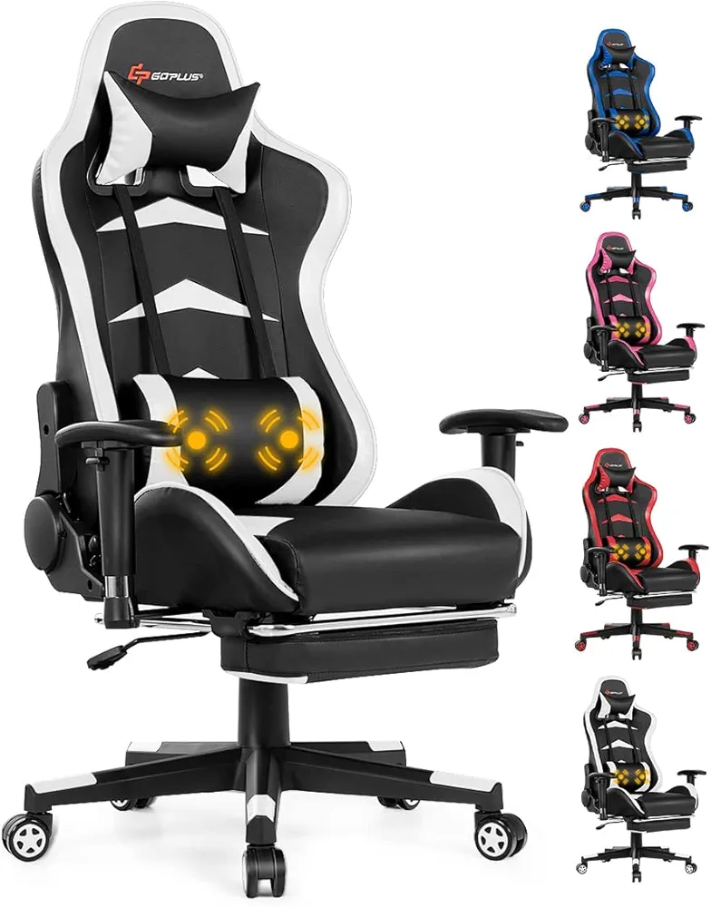 Gaming Chair Computer Chair with Footrest and Massage Lumbar Support Racing Style Recliner Gaming Chair PU Leather High Back Adjustable Swivel Video Game Chair for Adults Teens White
