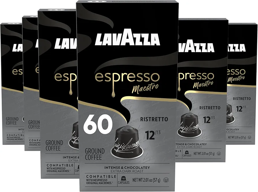Lavazza Espresso Maestro Ristretto Aluminum Capsules Compatible with Nespresso* Original Machines, Dark Espresso Roast, Arabica and Robusta Blend (60 Capsules)