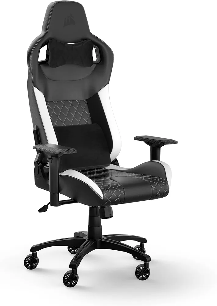 Corsair T1 Race Gaming Chair (2023) – Racing-Inspired Design – Comfortable Leatherette Exterior – Steel Construction – 4D Armrests – Black and White