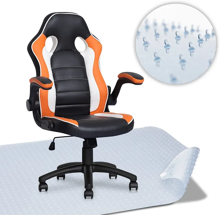 MoNiBloom Ergonomic Video Game Chair + Protector Chair MAT, PU Leather Gamer Chair in Orange with Padded Flip-up Arms for Men Women + Anti-Slip Floor Protector Chair Mat