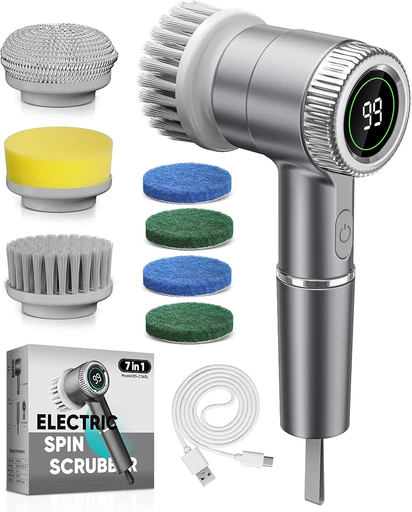Electric Spin Scrubber, Cordless Cleaning Brush with 7 Replaceable Brush Heads, 3 Adjustable Speeds and LED Display, Power Scrubber for Cleaning Kitchen, Bathroom, Window, Sink，LXC AJH2