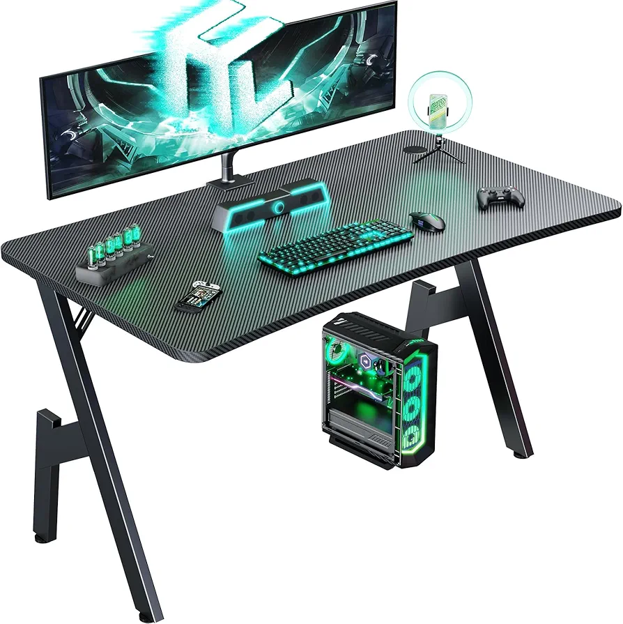 HLDIRECT 40 Inch Gaming Desk with Carbon Fibre Surface- A Shape Large Computer Desk Gaming Table Ergonomic Pc Gaming Workstation Home Office Desks