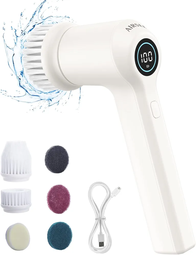AIRSEE Electric Spin Scrubber, Cordless Power Rotating Brush, 2 Speeds, 6 Replaceable Brush Heads, Handheld Shower Scrubber, Bathroom Scrubber for Cleaning Floors, Windows, Bathtubs, Tiles, Sink, Car