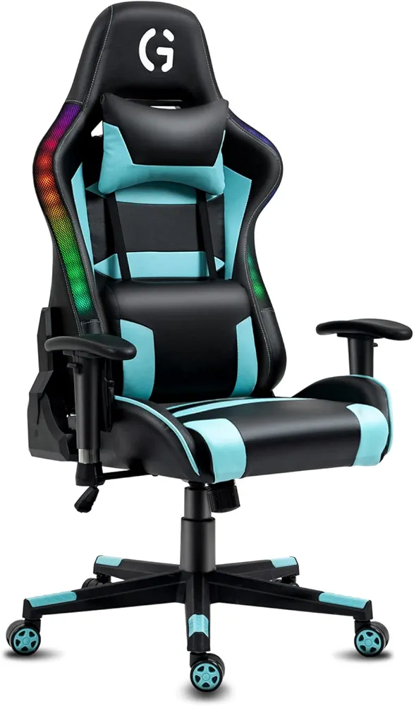 Game Chair, High-Back Recliner Chair with Headrest and Lumbar Support, PU Leather Ergonomic Racing Gaming Chair with Height Adjustable RGB LED Light 360° Swivel Seat for Adults - Black & Cyan