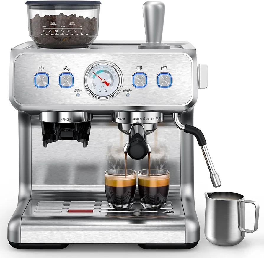 COWSAR Espresso Machine 15 Bar, Semi-Automatic Espresso Maker with Bean Grinder and Milk Frother Steam Wand, 75 Oz Removable Water Tank for Cappuccino, Latte, Stainless Steel