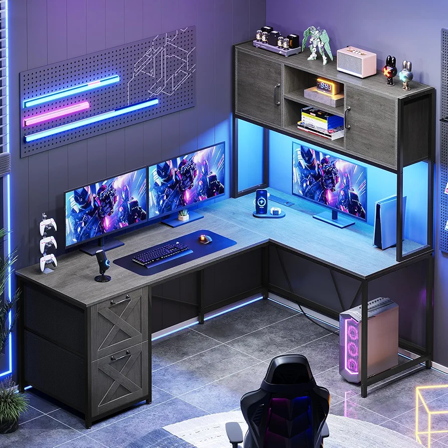 SEDETA L Shaped Gaming Desk, Reversible Computer Desk with Fabric Drawers and Power Outlet, Gaming Desk with Led Lights, Hutch and Storage Shelf for Home Office, Grey
