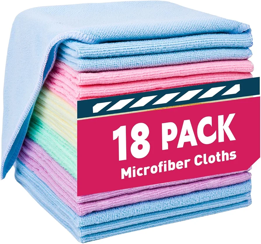 Microfiber Cleaning Cloths-18 Pack, Microfiber Towels Bulk, Microfiber Towels for Cars, Bulk Microfiber Towels for Home, Cleaning Rags 5 Colors Assorted (12x12 inches)