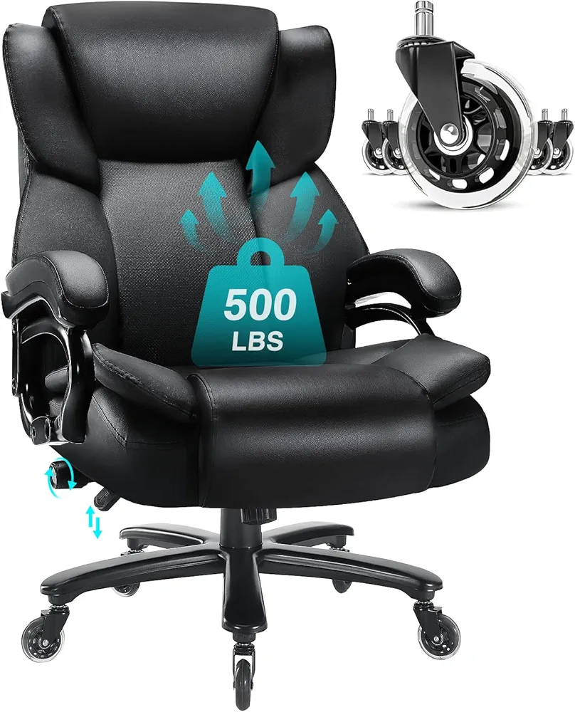 500lbs Big and Tall Office Chair, Heavy Duty Office Chair for Heavy People, High Back Executive Office Chair with Adjustable Lumbar Support, Quiet Rubber Wheel