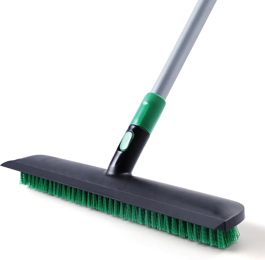 Eyliden Floor Scrub Brush with Long Handle, 15 inch Extra Wide Brush Head, 2 in 1 Floor Scrubber Brush - Stiff Bristle, Soft Squeegee - Floor Scrubbing Brush for Deck Kitchen Shower Tub Garage