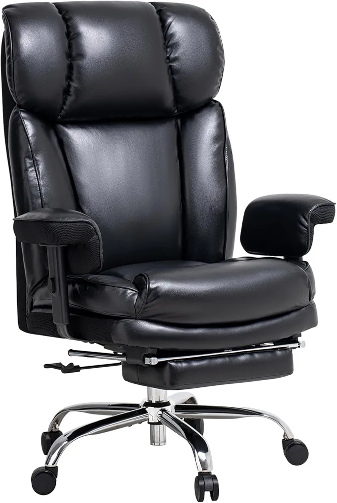 Big and Tall Office Chair 400lbs, Wide Seat, Telescoping Leg Rests, Adjustable Armrests - Comfortable Office Chair for Lower Back Pain, Black Heavy-Duty Leather Office Chair