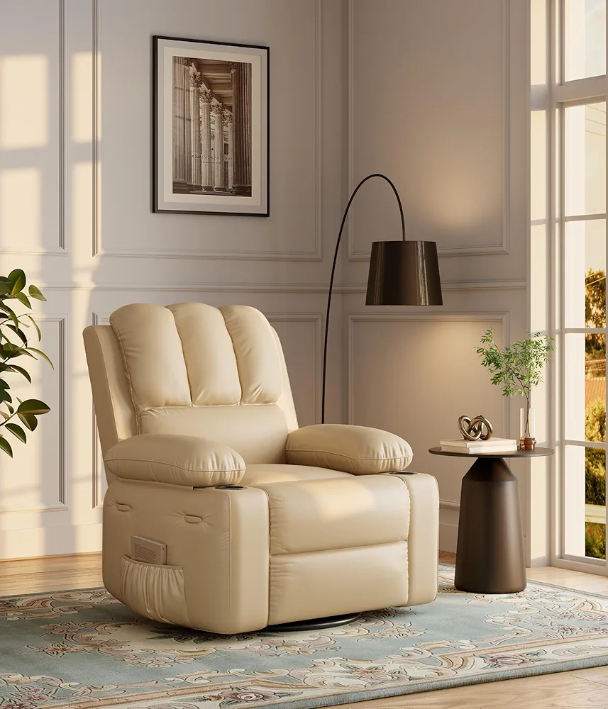 Oversized Recliner Chairs with Heat and Massage - 360° Swivel Lazy Recliner Chair for Adults- Manual Chair with Cup Holder for Living Rooms, Bedrooms and Nurseries - Creamy